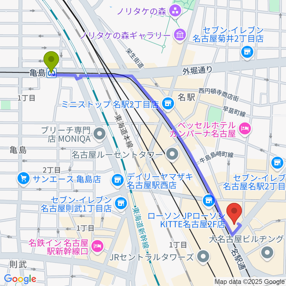 亀島駅からシアーミュージック名駅校へのルートマップ地図