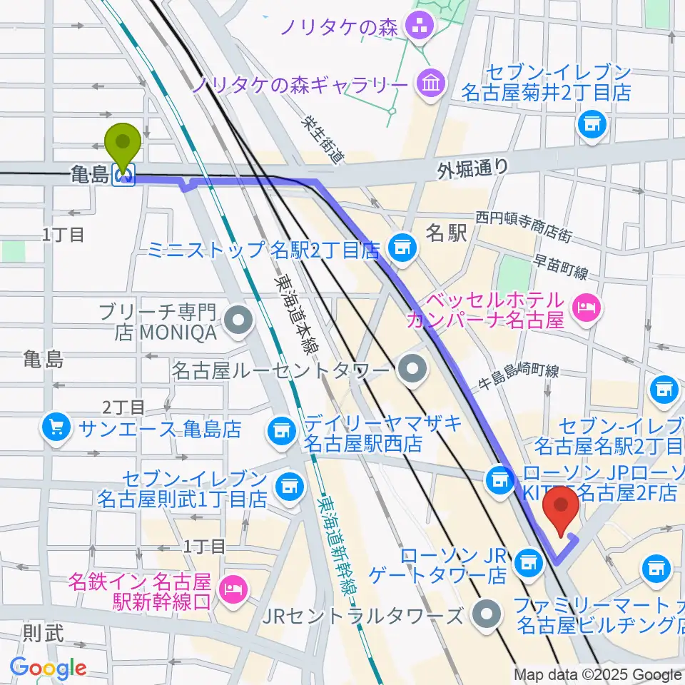 亀島駅からシアーミュージック名駅校へのルートマップ地図