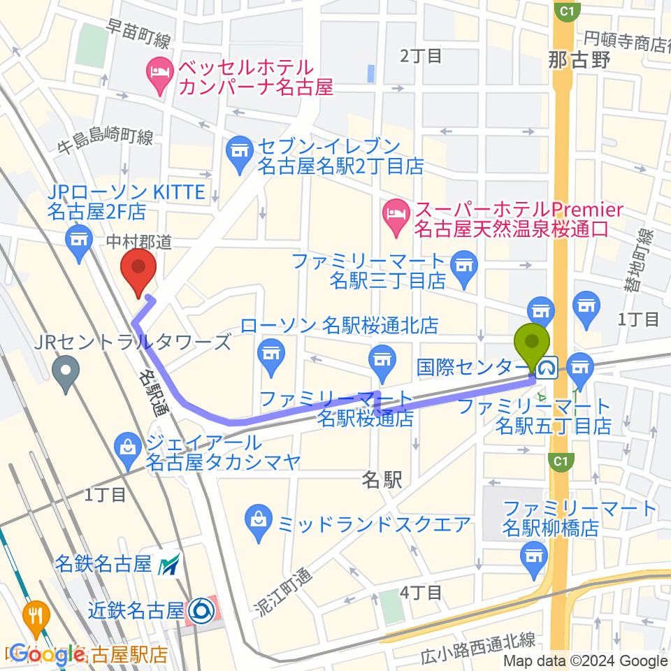 国際センター駅からシアーミュージック名駅校へのルートマップ地図