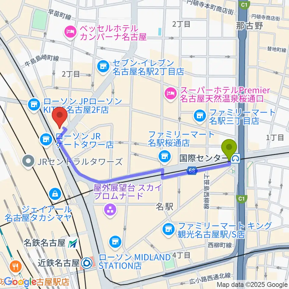 国際センター駅からシアーミュージック名駅校へのルートマップ地図