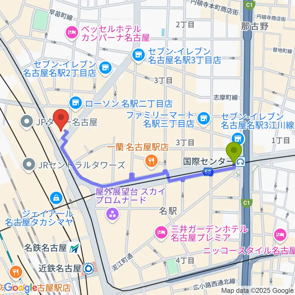 国際センター駅からシアーミュージック名駅校へのルートマップ地図