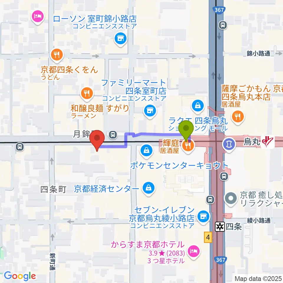 シアーミュージック京都校の最寄駅烏丸駅からの徒歩ルート（約2分）地図