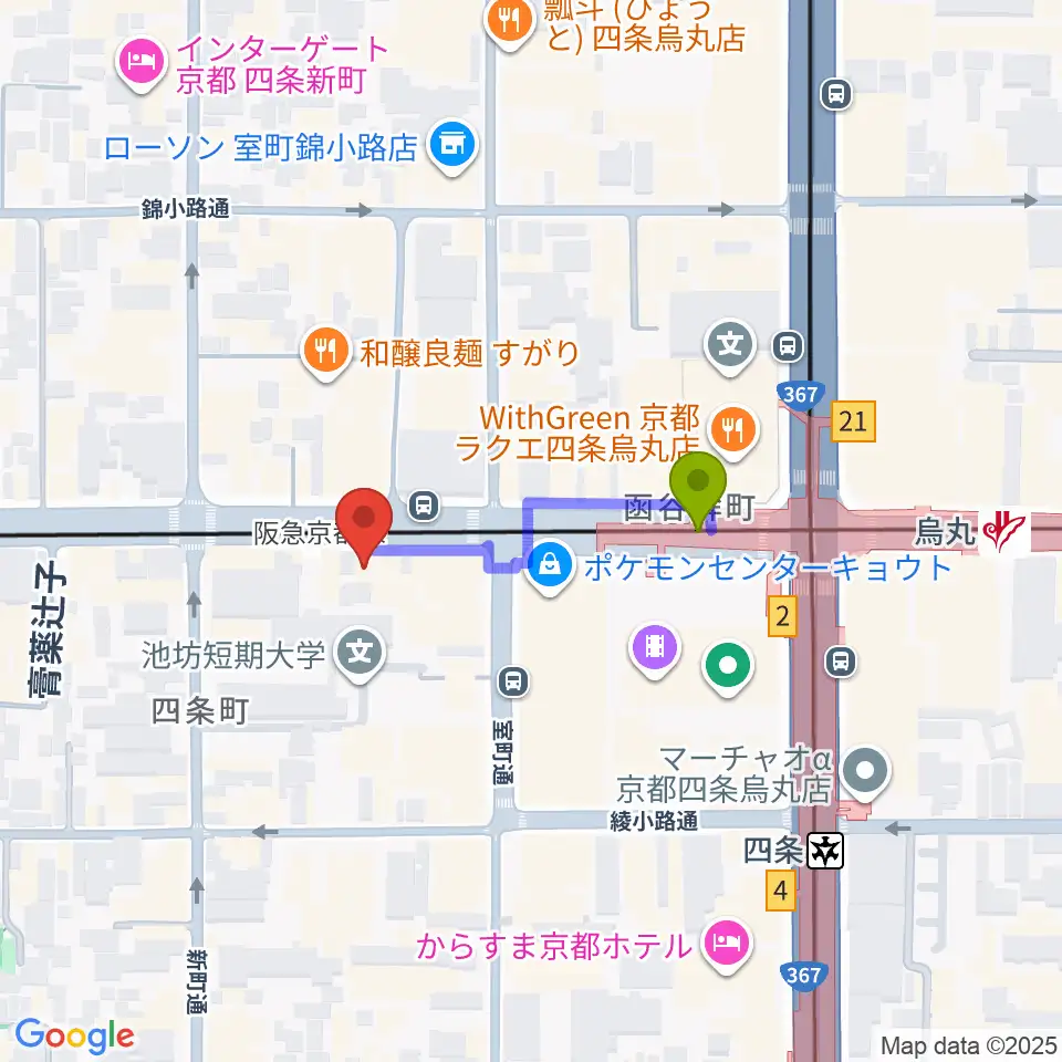 シアーミュージック京都校の最寄駅烏丸駅からの徒歩ルート（約2分）地図