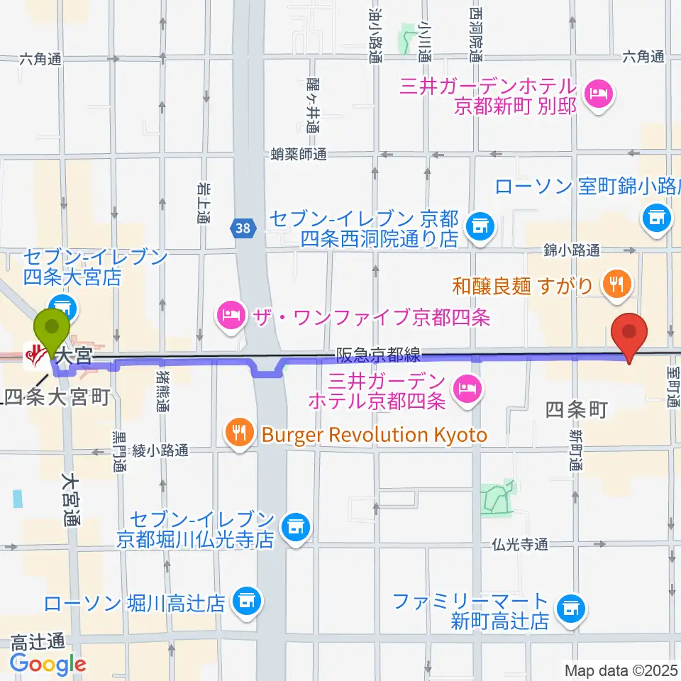 大宮駅からシアーミュージック京都校へのルートマップ地図