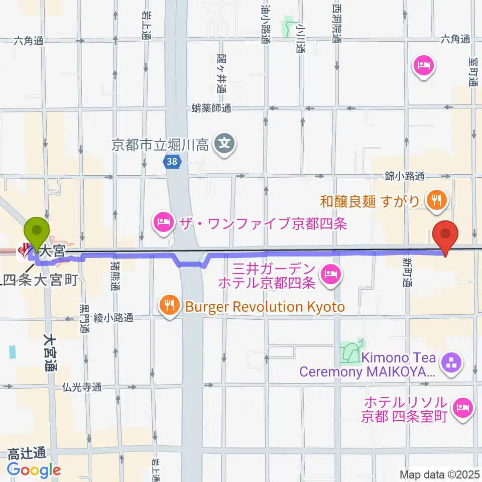 大宮駅からシアーミュージック京都校へのルートマップ地図