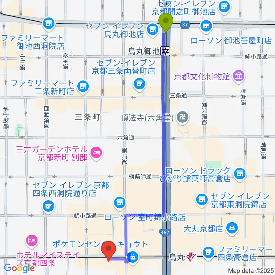 烏丸御池駅からシアーミュージック京都校へのルートマップ地図