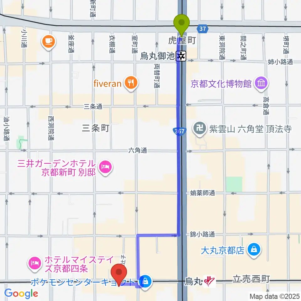 烏丸御池駅からシアーミュージック京都校へのルートマップ地図