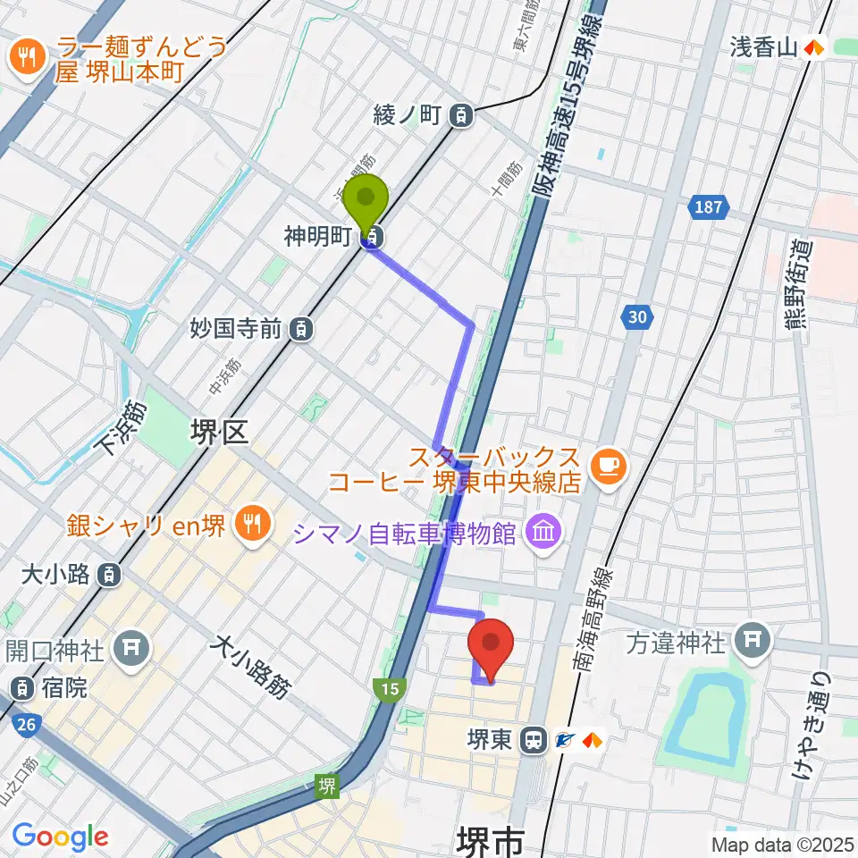 神明町駅からシアーミュージック堺東校へのルートマップ地図