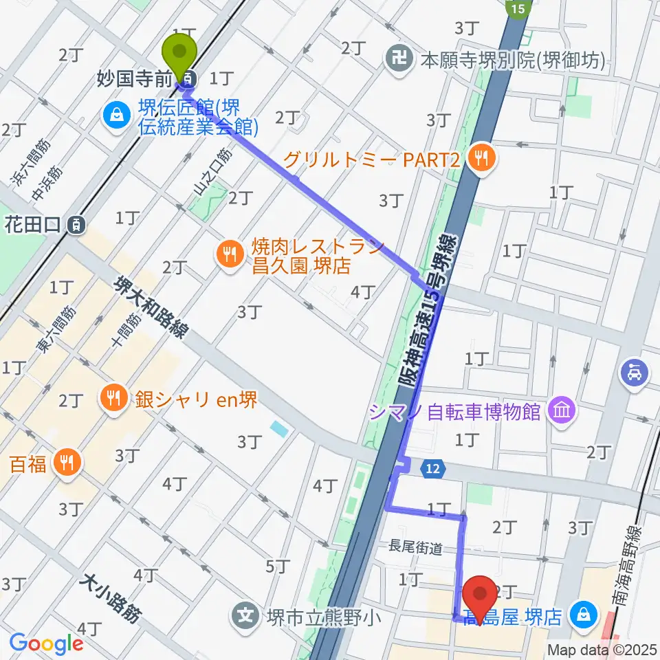 妙国寺前駅からシアーミュージック堺東校へのルートマップ地図