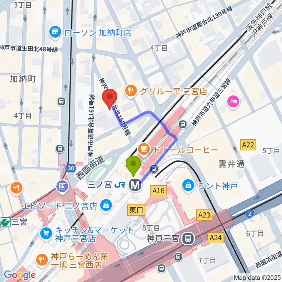 シアーミュージック 三宮校の最寄駅三ノ宮駅からの徒歩ルート（約2分）地図