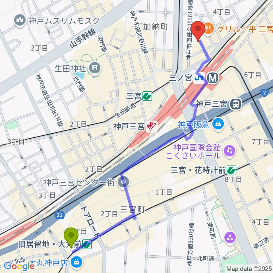 旧居留地・大丸前駅からシアーミュージック 三宮校へのルートマップ地図