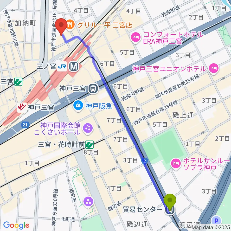 貿易センター駅からシアーミュージック 三宮校へのルートマップ地図