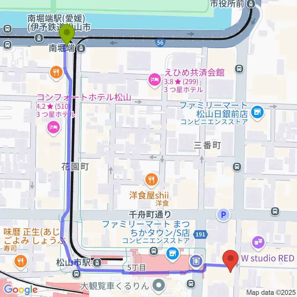 南堀端駅からシアーミュージック 松山校へのルートマップ地図