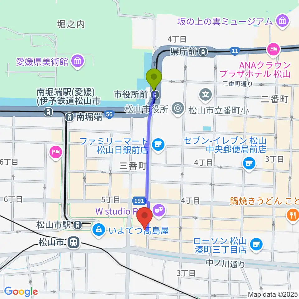 市役所前駅からシアーミュージック 松山校へのルートマップ地図