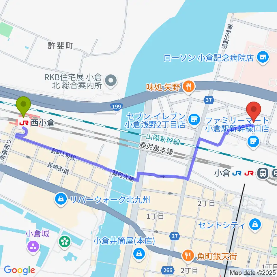 西小倉駅からシアーミュージック 小倉校へのルートマップ地図