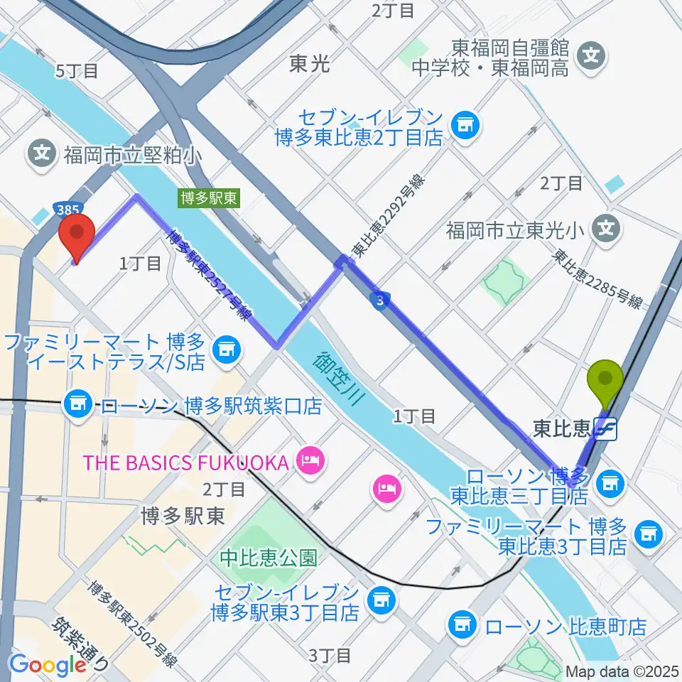 東比恵駅からシアーミュージック 博多校へのルートマップ地図