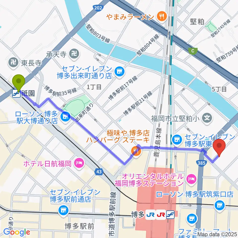 祇園駅からシアーミュージック 博多校へのルートマップ地図