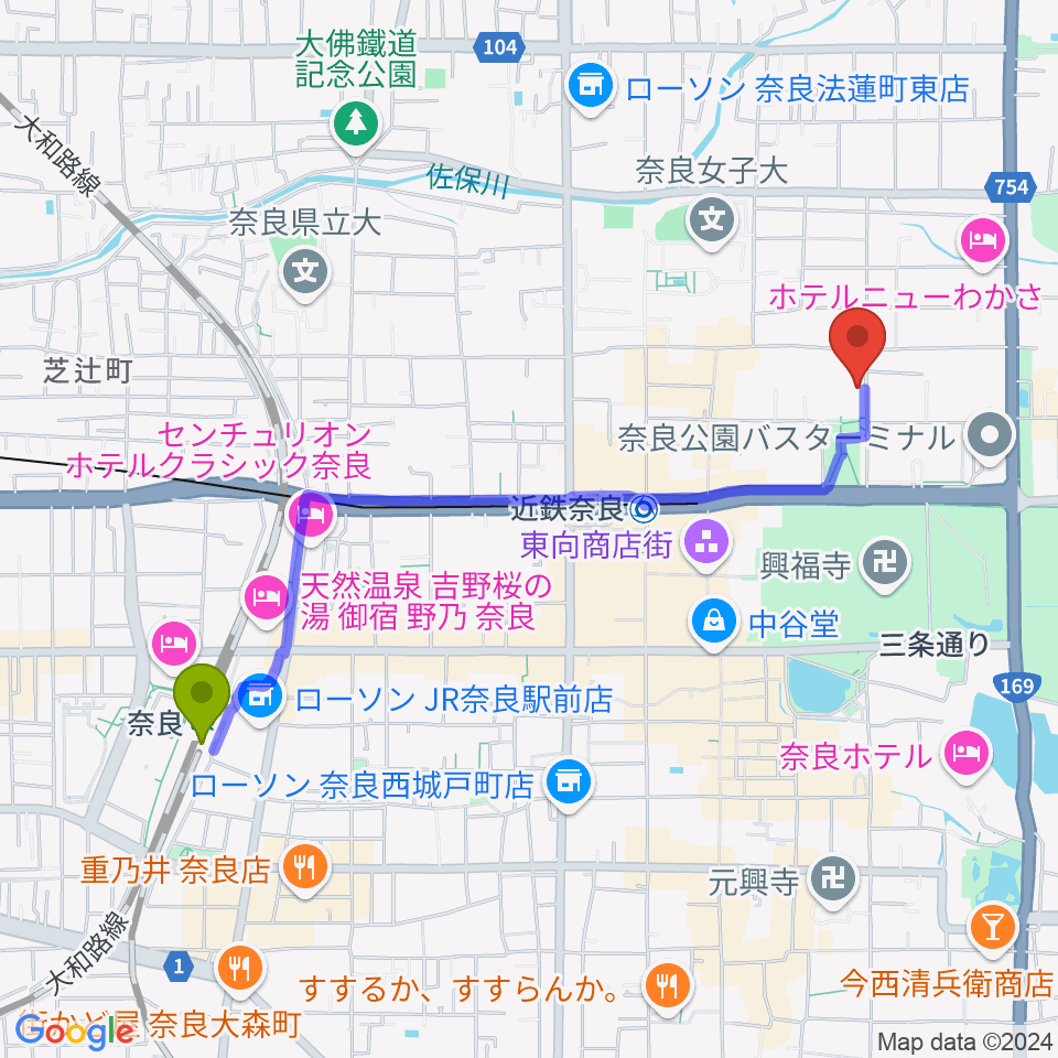 奈良駅から奈良県文化会館へのルートマップ地図