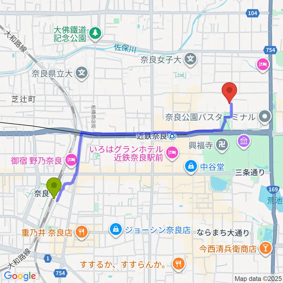 奈良駅から奈良県文化会館へのルートマップ地図