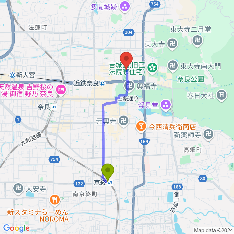 京終駅から奈良県文化会館へのルートマップ地図