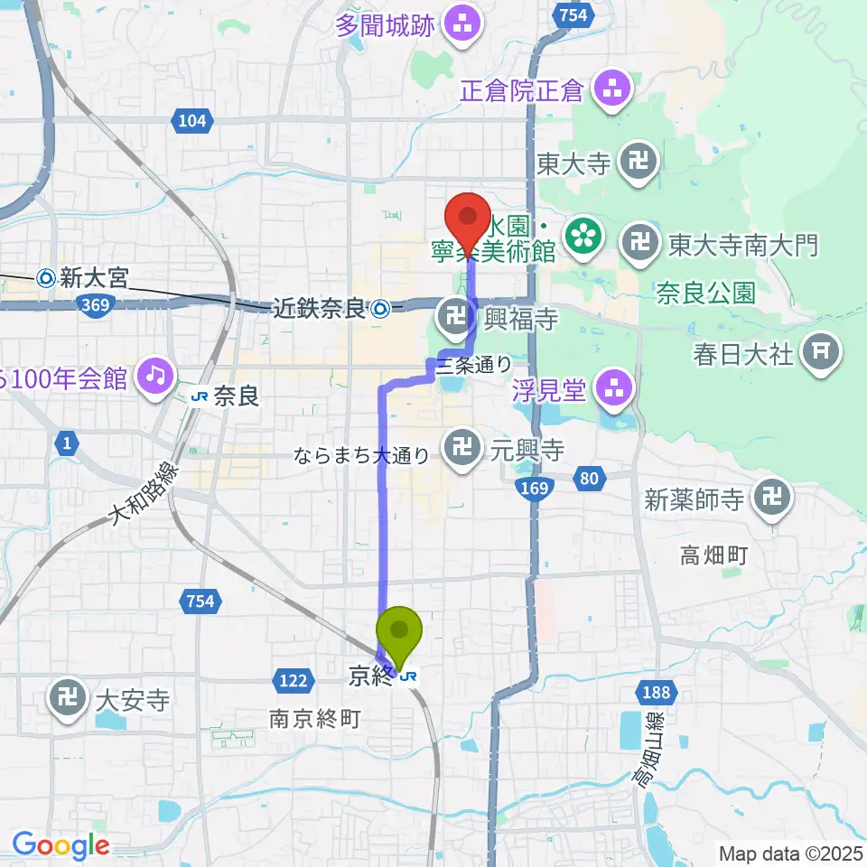 京終駅から奈良県文化会館へのルートマップ地図