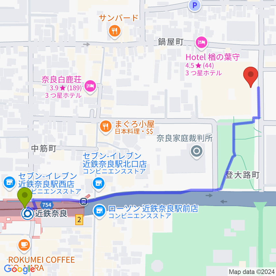 奈良県文化会館の最寄駅近鉄奈良駅からの徒歩ルート（約7分）地図