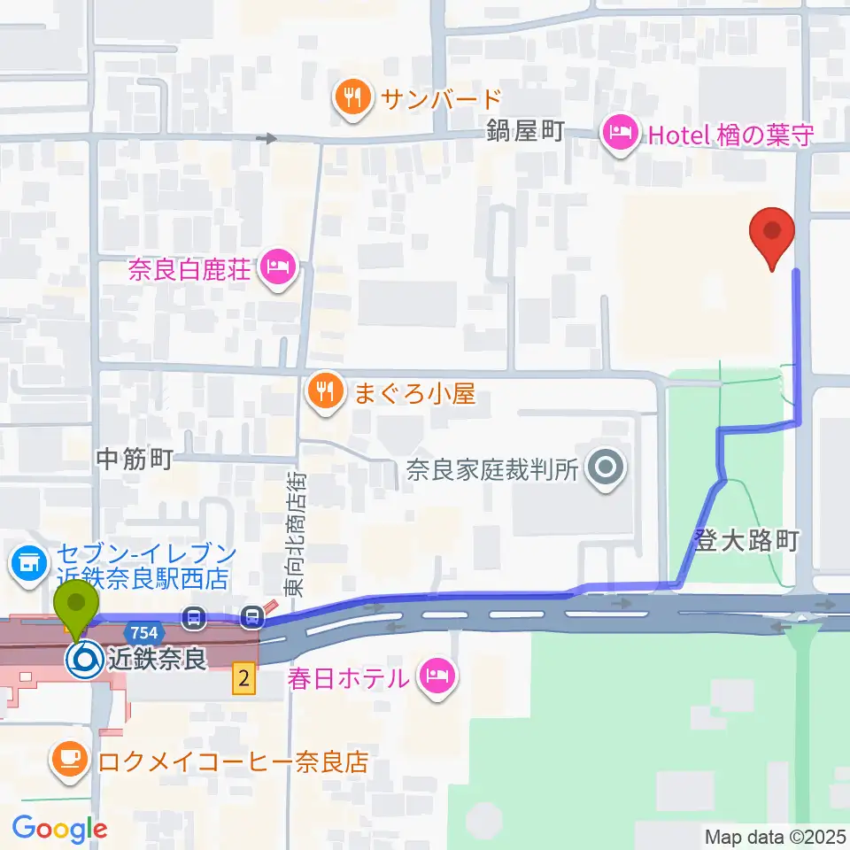 奈良県文化会館の最寄駅近鉄奈良駅からの徒歩ルート（約7分）地図