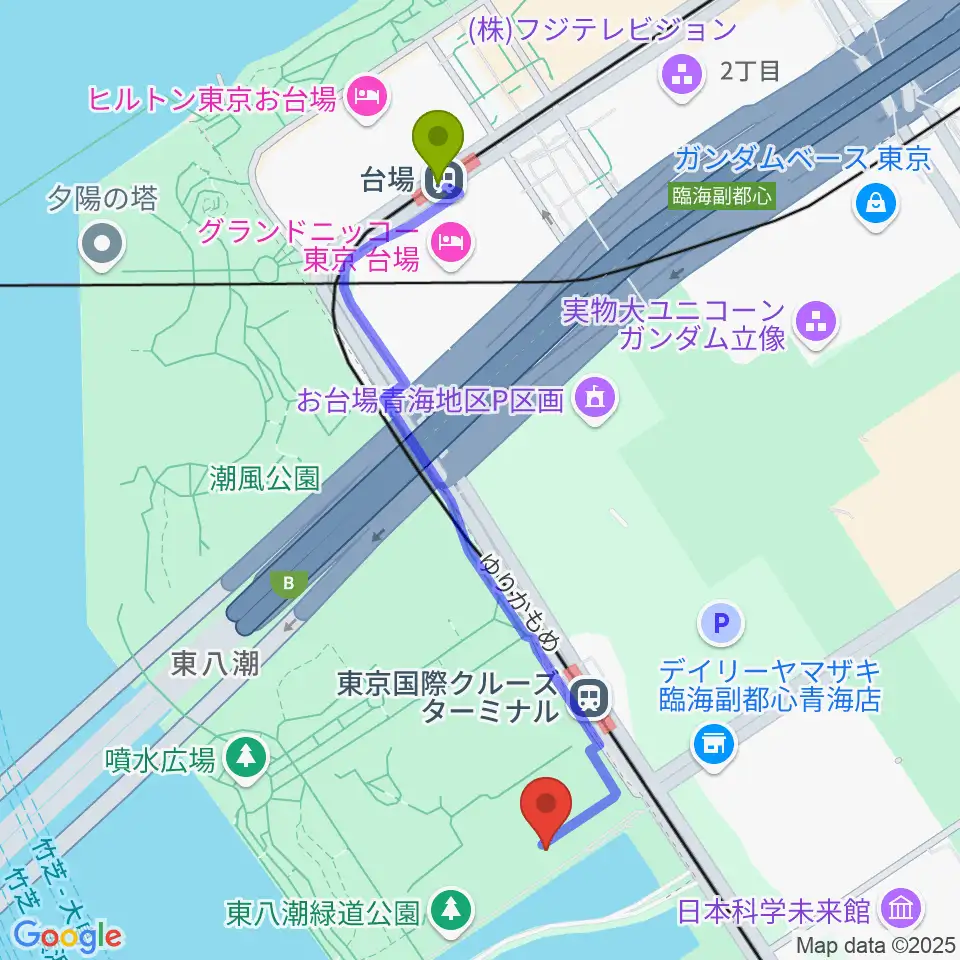 台場駅から船の科学館へのルートマップ地図