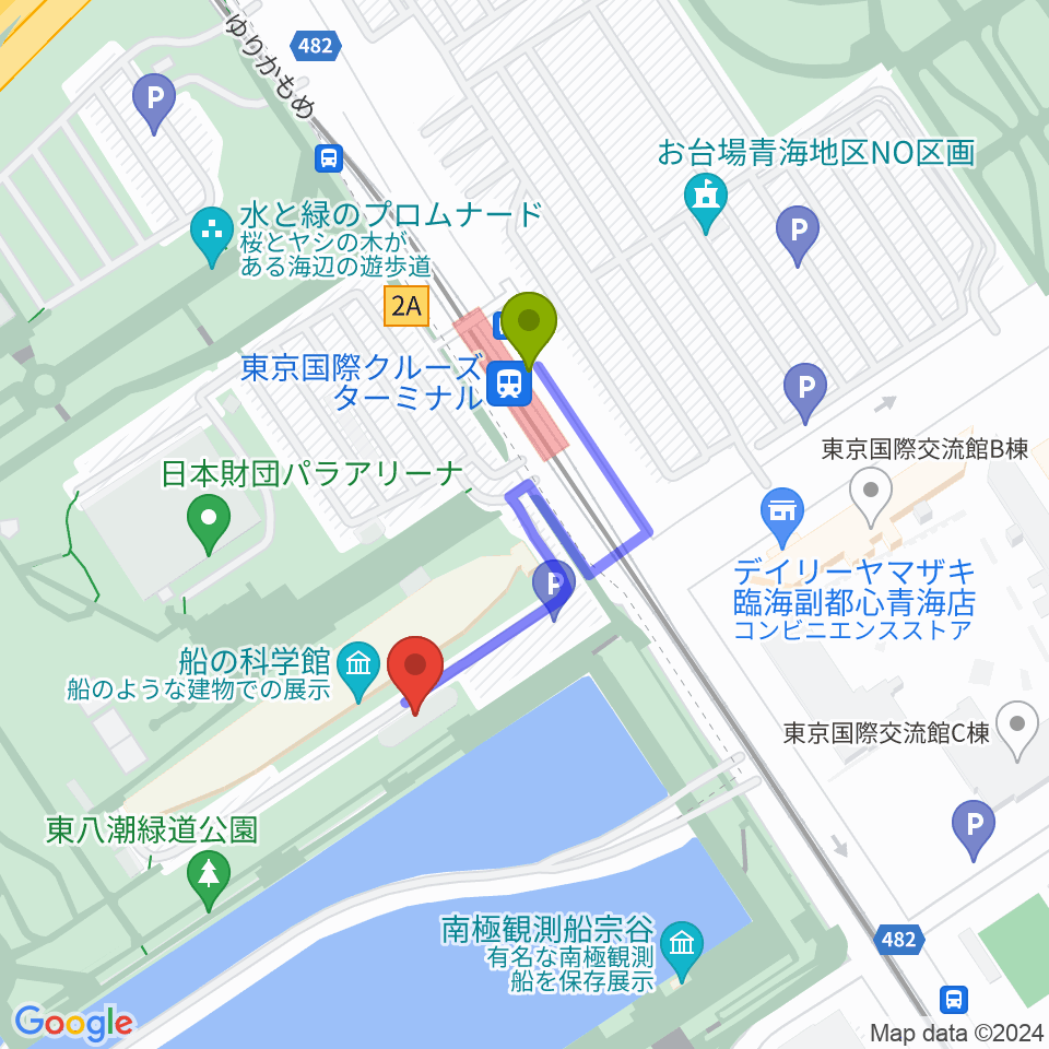 船の科学館の最寄駅東京国際クルーズターミナル駅からの徒歩ルート（約3分）地図