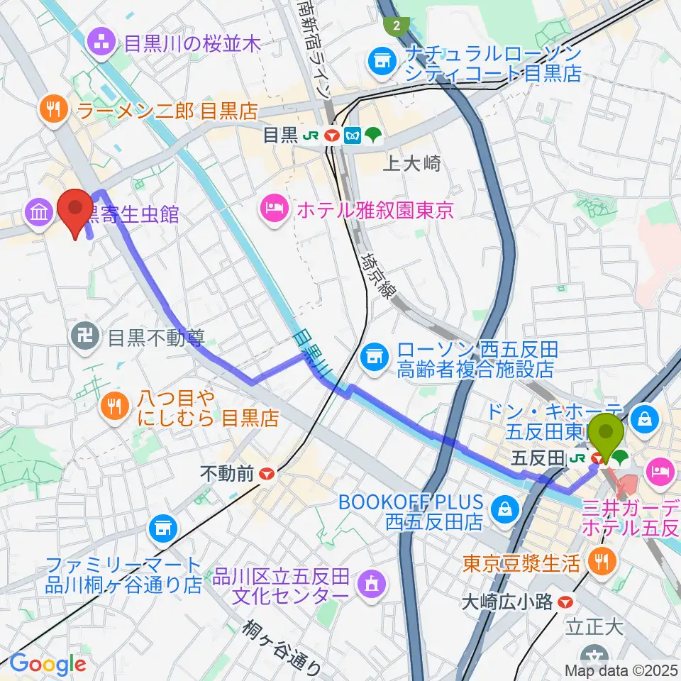 五反田駅からヤマハ目黒センターへのルートマップ地図