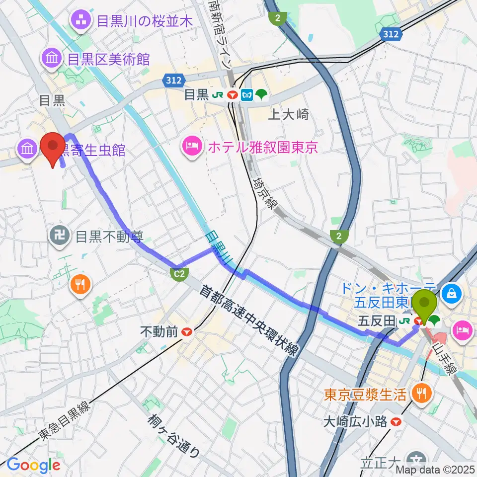 五反田駅からヤマハ目黒センターへのルートマップ地図