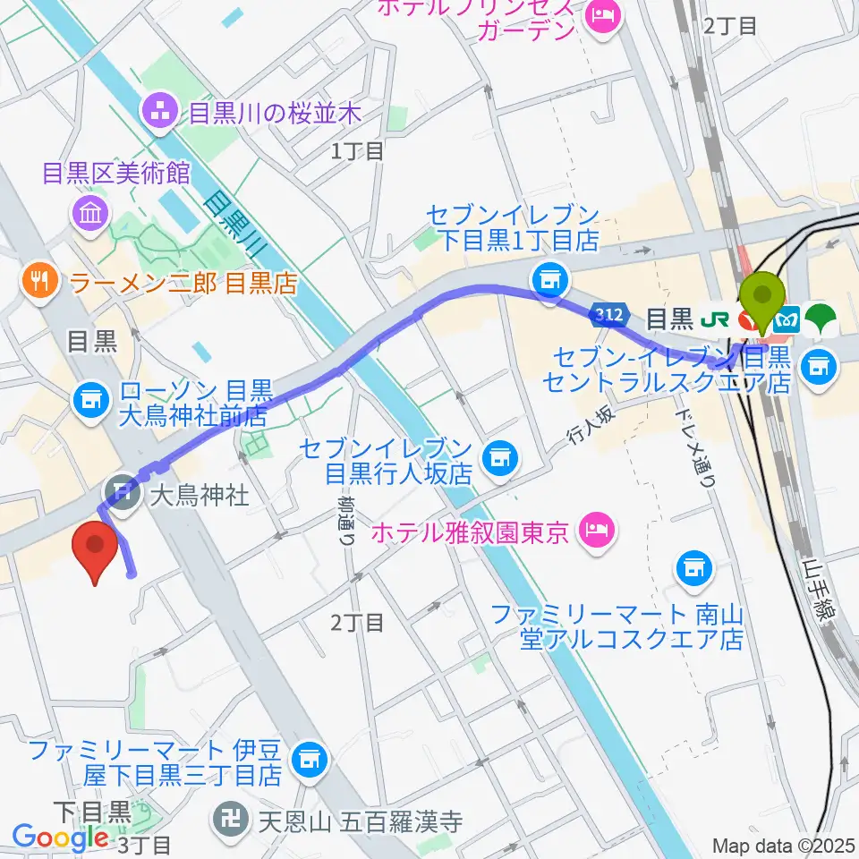 ヤマハ目黒センターの最寄駅目黒駅からの徒歩ルート（約13分）地図