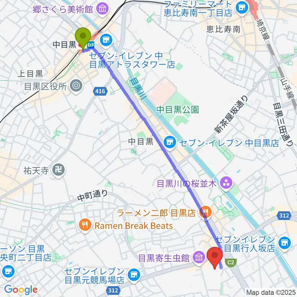 中目黒駅からヤマハ目黒センターへのルートマップ地図