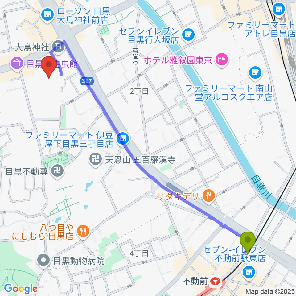 不動前駅からヤマハ目黒センターへのルートマップ地図