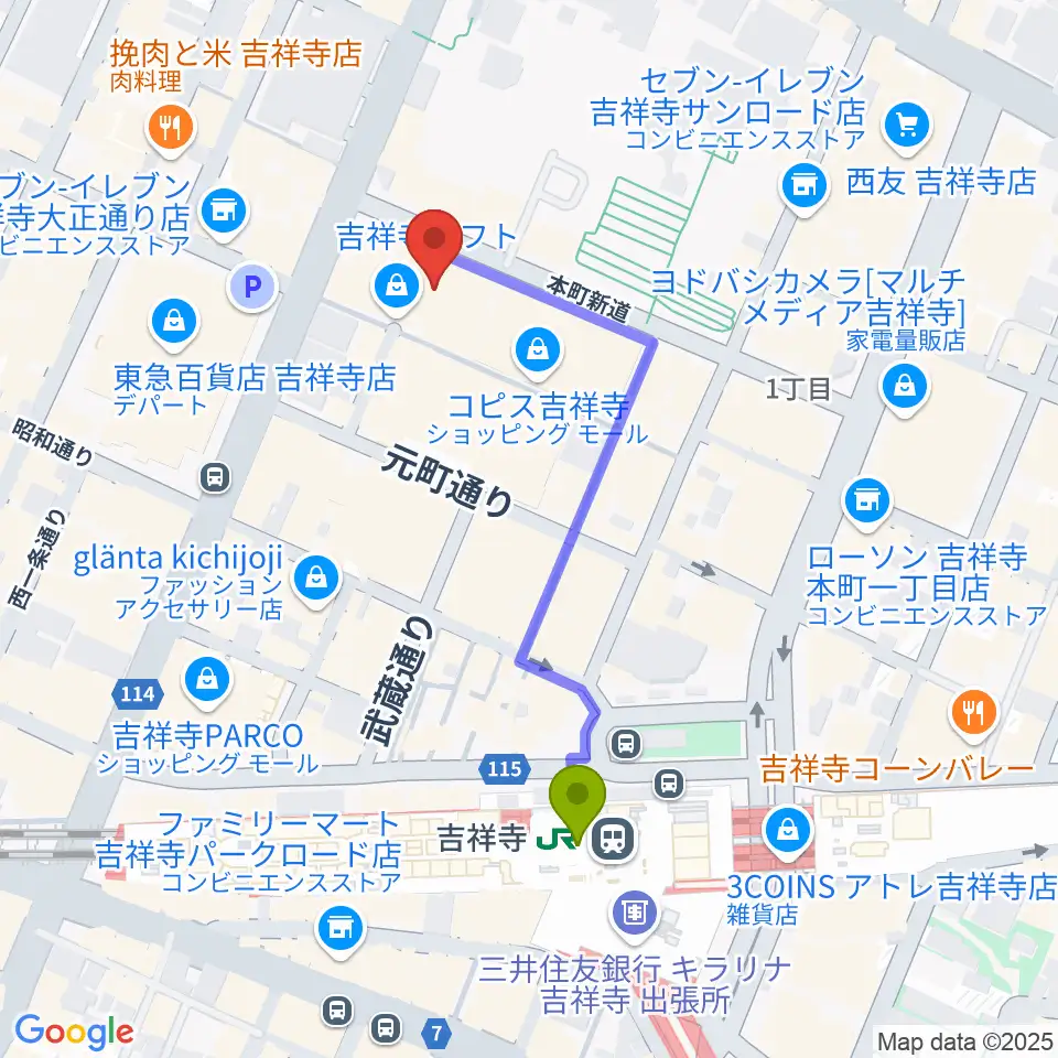 宮地楽器 吉祥寺センターの最寄駅吉祥寺駅からの徒歩ルート（約4分）地図