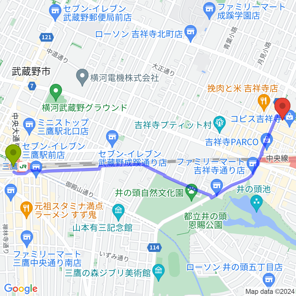 三鷹駅から宮地楽器 吉祥寺センターへのルートマップ地図