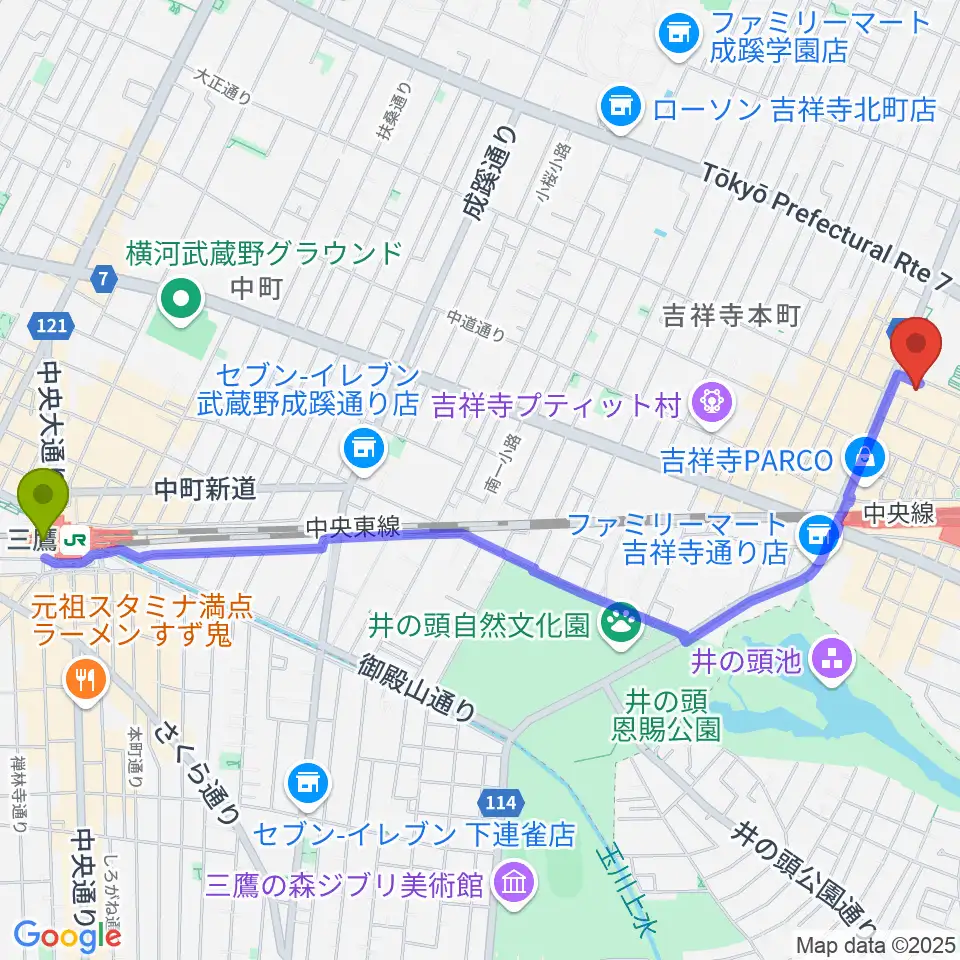 三鷹駅から宮地楽器 吉祥寺センターへのルートマップ地図