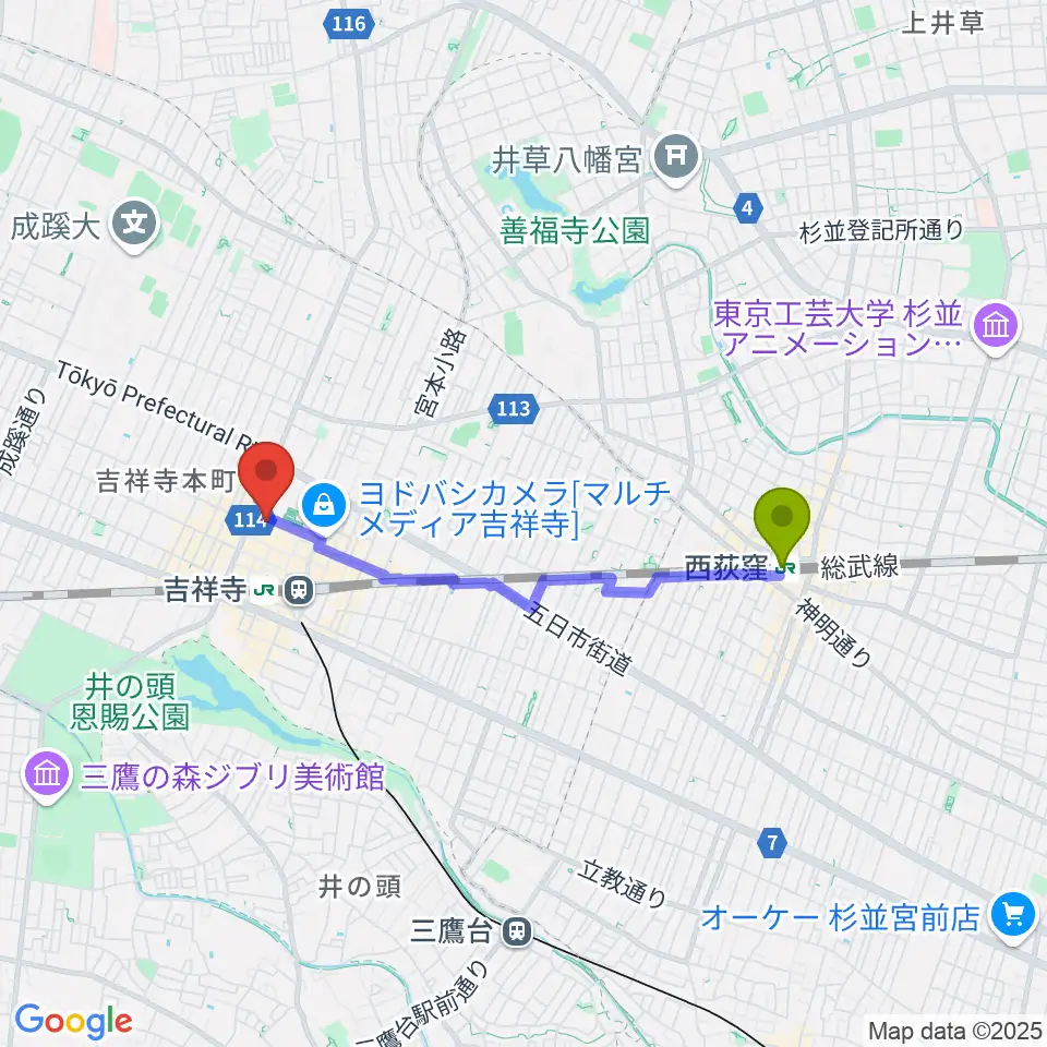 西荻窪駅から宮地楽器 吉祥寺センターへのルートマップ地図