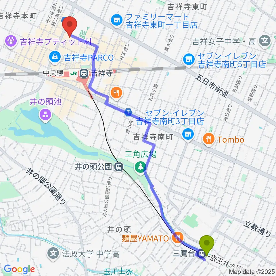 三鷹台駅から宮地楽器 吉祥寺センターへのルートマップ地図