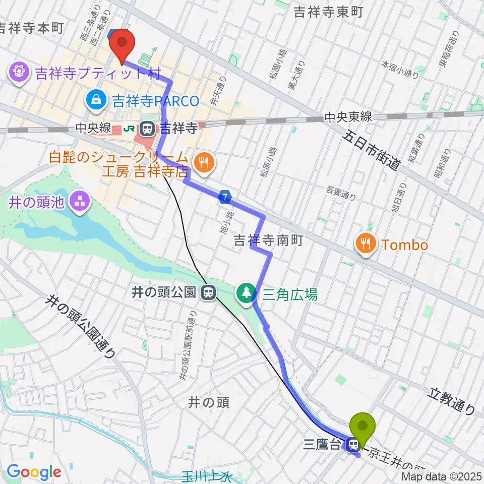 三鷹台駅から宮地楽器 吉祥寺センターへのルートマップ地図