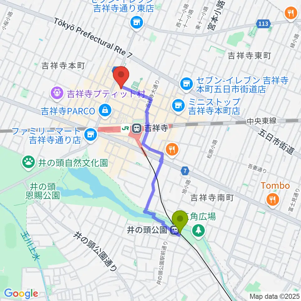 井の頭公園駅から宮地楽器 吉祥寺センターへのルートマップ地図
