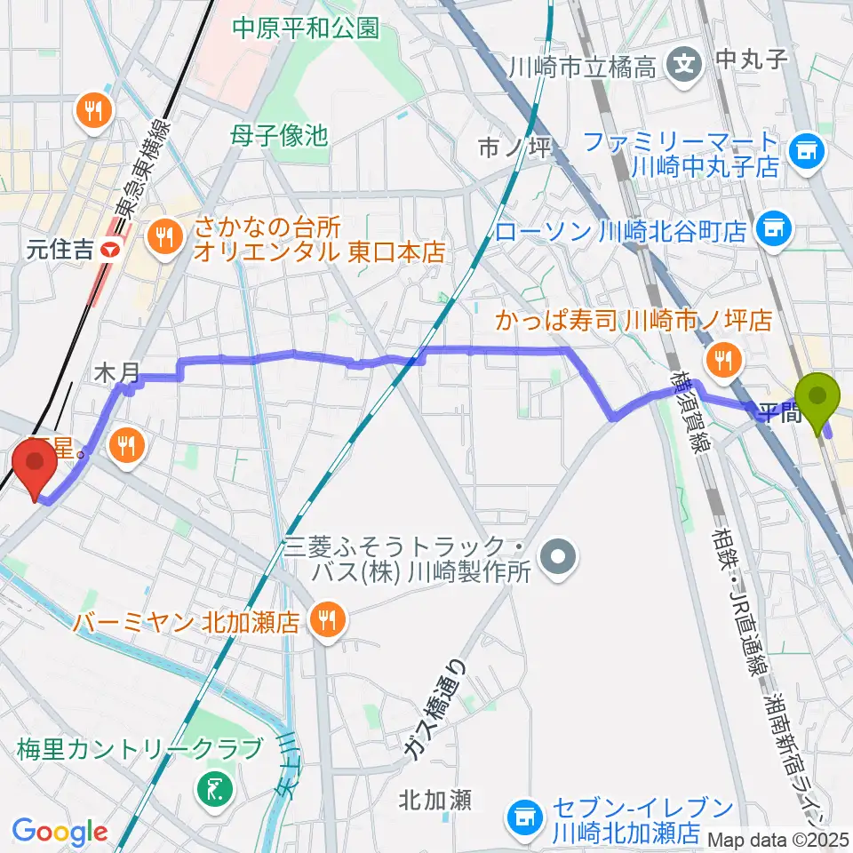 平間駅から有隣堂 日吉ミュージックセンターへのルートマップ地図