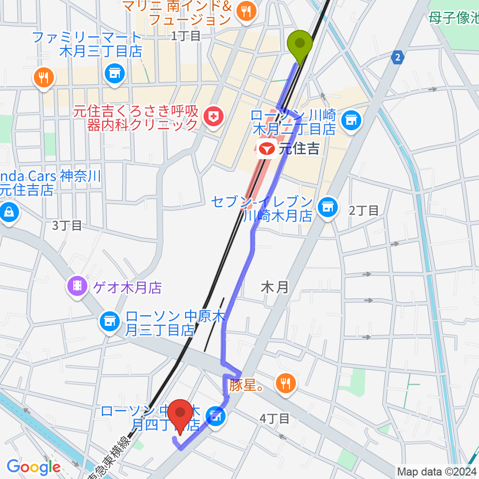 有隣堂 日吉ミュージックセンターの最寄駅元住吉駅からの徒歩ルート（約13分）地図