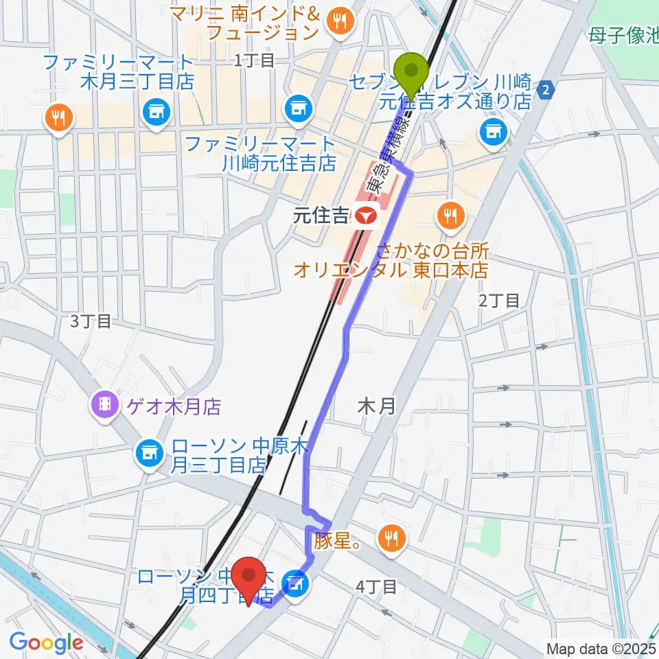有隣堂 日吉ミュージックセンターの最寄駅元住吉駅からの徒歩ルート（約12分）地図