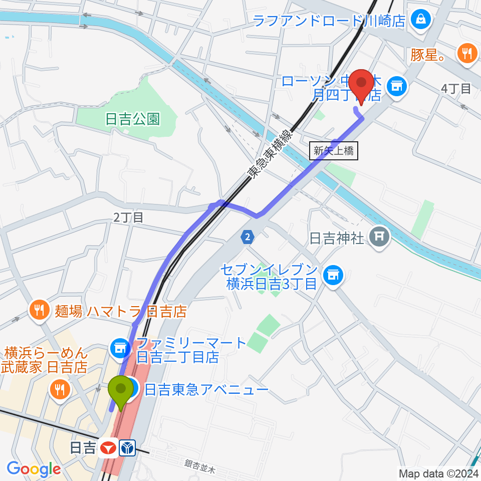 日吉駅から有隣堂 日吉ミュージックセンターへのルートマップ地図