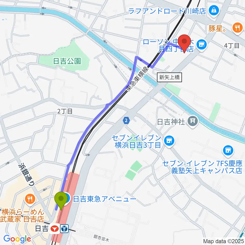 日吉駅から有隣堂 日吉ミュージックセンターへのルートマップ地図