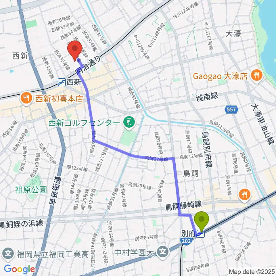 別府駅からヤマハ西新センターへのルートマップ地図