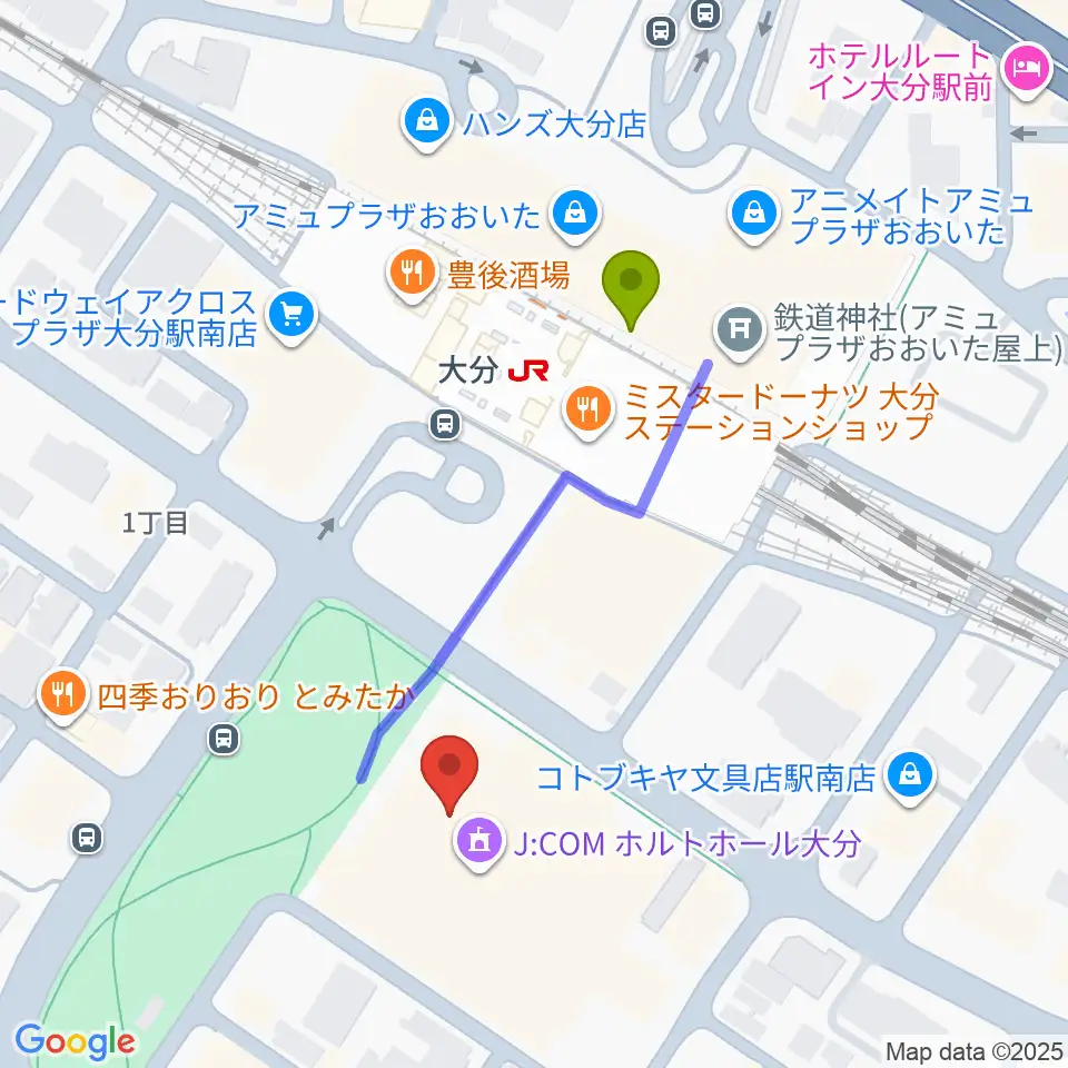 J:COM ホルトホール大分の最寄駅大分駅からの徒歩ルート（約4分）地図