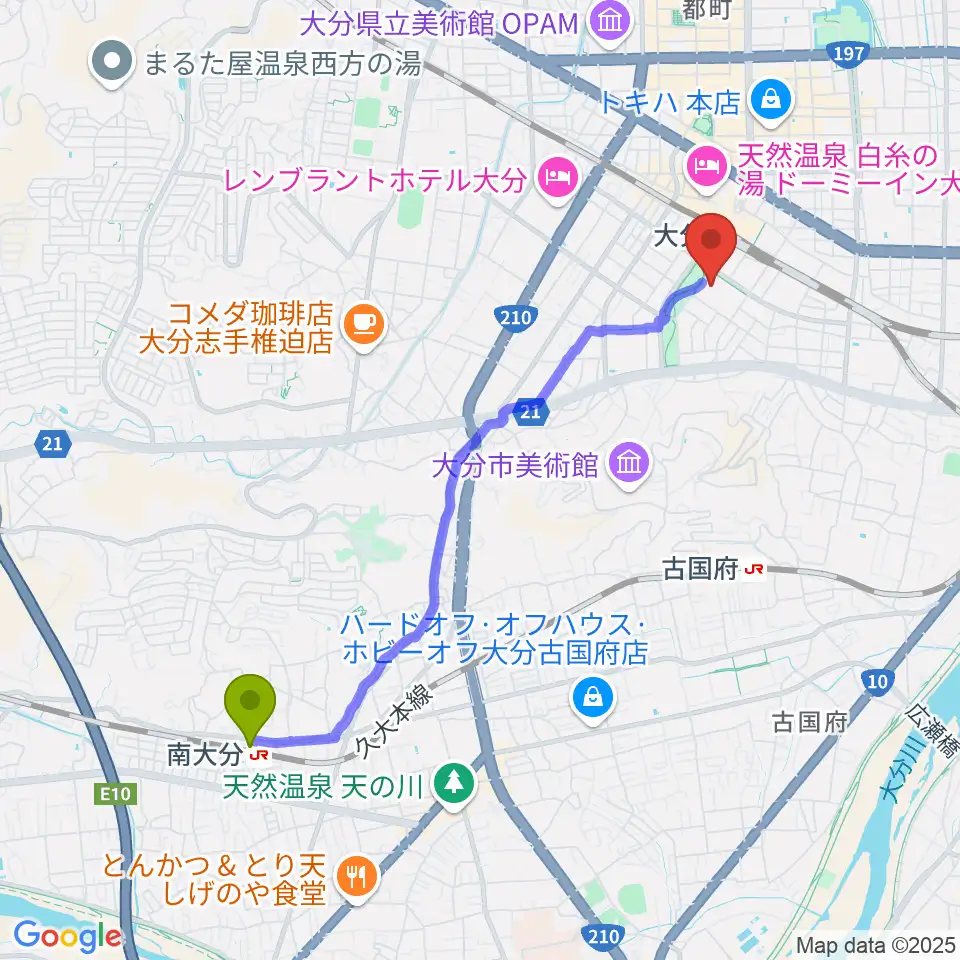 南大分駅からJ:COM ホルトホール大分へのルートマップ地図