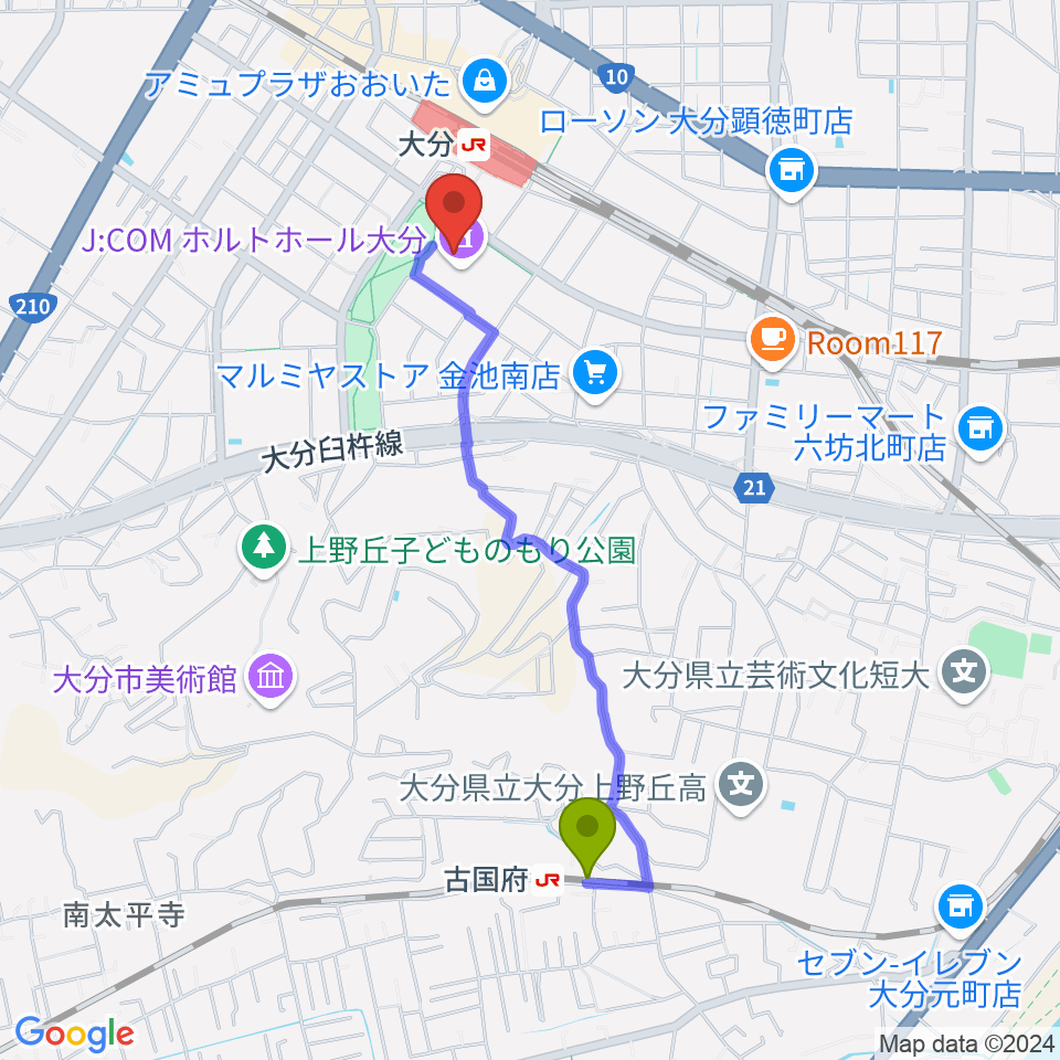 古国府駅からJ:COM ホルトホール大分へのルートマップ地図